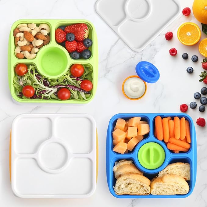 QQKO Bento Snack Box Containers for Adults Kids, 4 Pack Lunchable Meal Prep Containers Reusable, Stackable Bento Lunch Box, Food Storage Prep Containers with 4 Sauce Cups, Jewel Color, White Lid