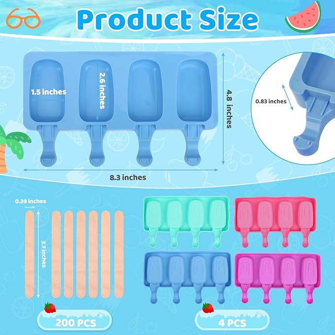 SAYAYA 4 Set Silicone Popsicle Molds with 200 Sticks, Reusable 4 Cavities Homemade Cake Pop & Cakesicle Mold for DIY Ice Cream, Ice Pop, Easy Release & Dishwasher Safe for Kids Family (Multicolor)