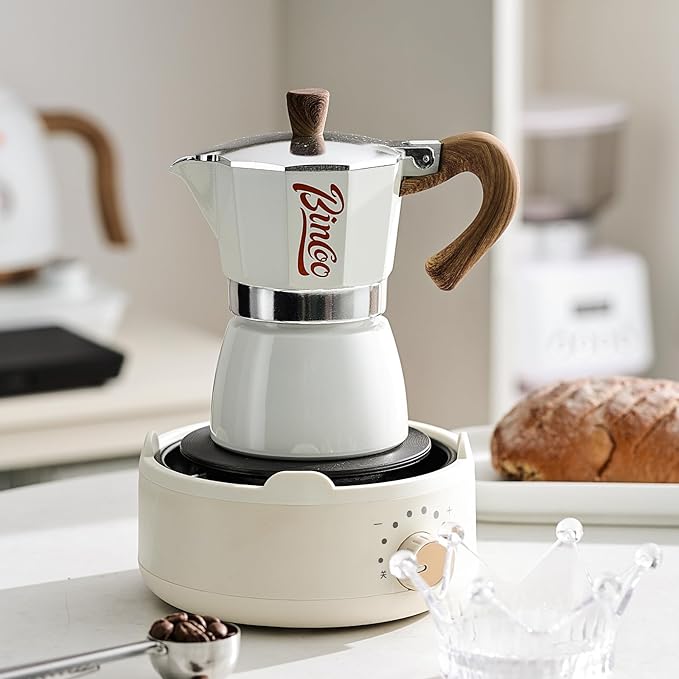 Bincoo Espresso Maker Stovetop, Moka Pot 3 Cups, Espresso Pot Classic Italian Coffee Maker,Single Safety Valve (White, 3 Cup)