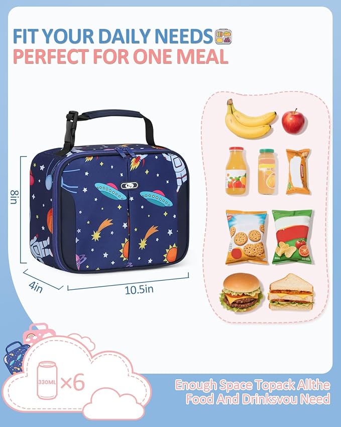Capolo Insulated Lunch Box for Kids, Cute Thermal Lunch Bag for School, Reusable Lunch Tote for Boys and Girls, Durable Cooler Bag with Easy Grab Handle, Lightweight and Easy to Clean,Deep Blue Space
