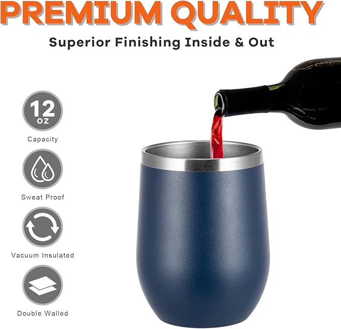 COMOOO 12oz Stainless Steel Wine Tumbler with Lid and Straw Double Wall Vacuum Insulated Wine Tumbler Cup Stemless for Hot and Cold Drinks, Coffee, Wine, Cocktails Navy, 8 Pack