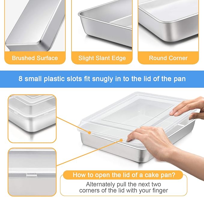 E-far Stainless Steel Baking Pan with Lid, 12⅓ x 9¾ x 2 Inch Rectangle Sheet Cake Pans with Covers Bakeware for Cakes Brownies Casseroles, Non-toxic & Healthy, Heavy Duty & Dishwasher Safe