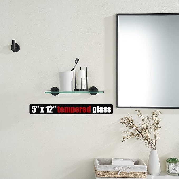 JQK Bathroom Glass Shelf Black, Tempered Glass Shower Storage 12 by 5 inches, 304 Stainless Steel Matte Black Wall Mount, TGS101L12-PB
