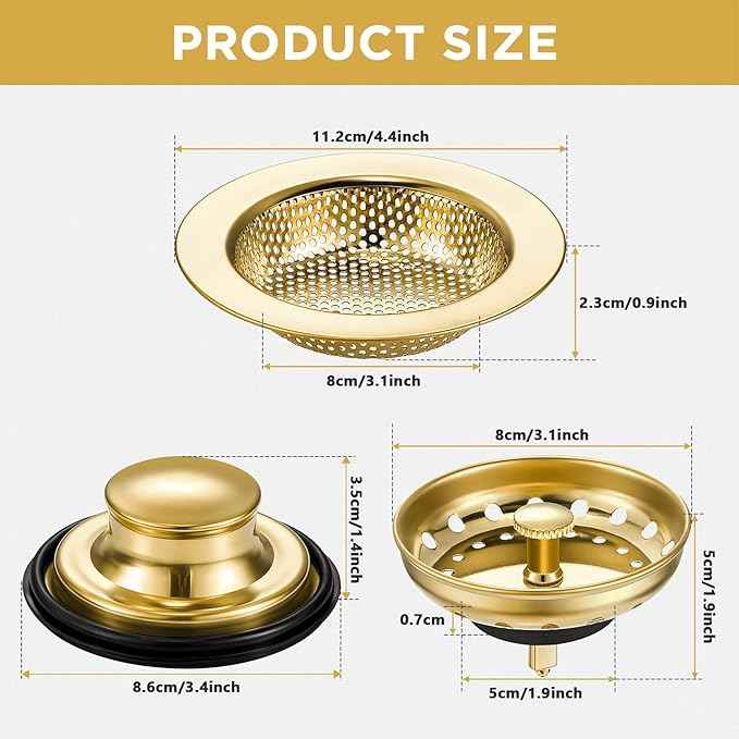 Mudder 3 Pcs Kitchen Sink Drain Strainer and Stopper Stainless Steel Garbage Disposal Plug with Handle Universal Anti-Clogging Kitchen Sink Filter Sieve Basket Strainer(Light Gold)