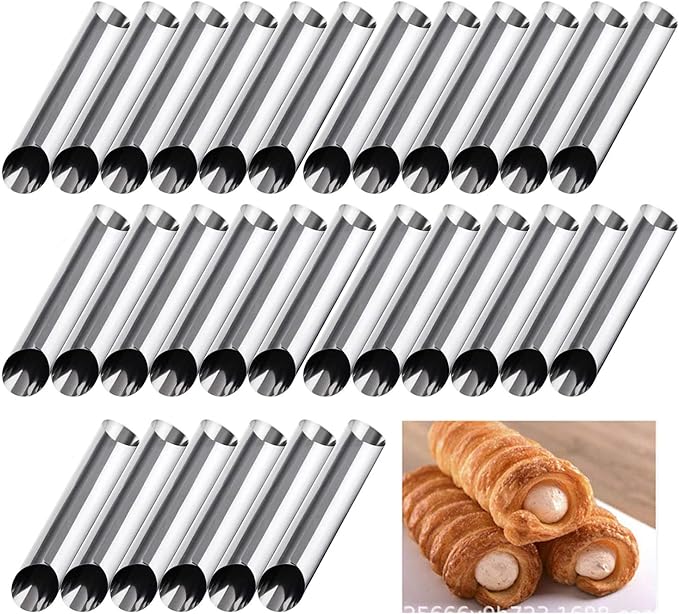 30 Pack Cannoli Horn Form Set, Large Stainless Steel Canolis Tubes Moulds Cannoli Kit for Baking Cannoli, Croissant Shell, Cream Roll Dessert, Safety Filled Edges