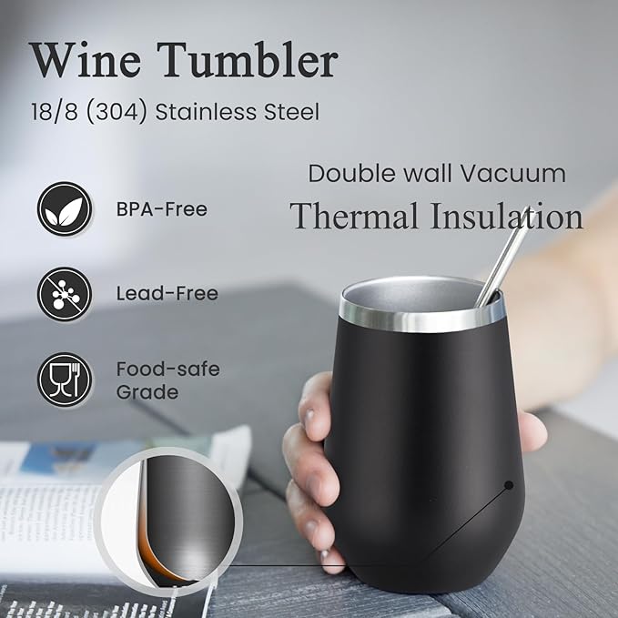 MEWAY 12oz/12 Pack Wine Tumbler Glasses with Lid - Stemless Double Wall Vacuum Stainless Steel Tumblers Keeping Cold & Hot for Wine - Family and Gifts, Ideal for Travel and Office(Black,Set of 12)