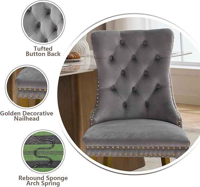 Velvet Dining Chairs Set of 6, Kitchen & Dining Room Chairs, Upholstered Dining Chairs with Back Ring Pull and Golden Solid Wood Legs, Modern Tufted Kitchen Chairs for Dining Room, Light Grey