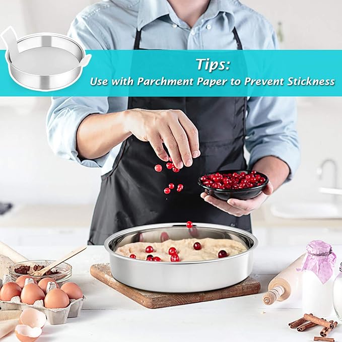 P&P CHEF 9.5 Inch Cake Pan Set of 2, Stainless Steel Round Baking Layer Cake Pans, Non Toxic & Healthy, Leak-proof & Easy Clean, Mirror Finish & Easy Releasing, Oven & Dishwasher Safe