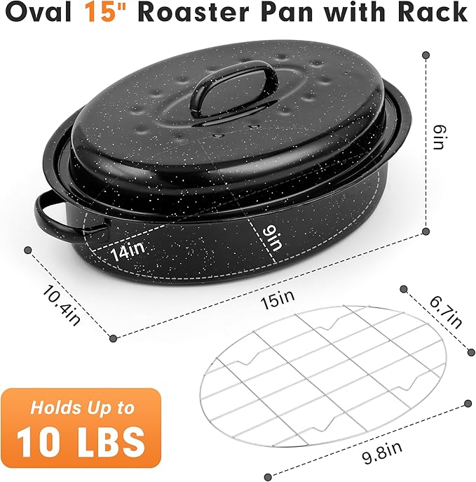 15” Roaster Pan with Lid and Rack, Small Enamel Roaster Pan with Oval Roasting Rack, Granite Baking Pot for Chicken Turkey Lamb, Heat Resistant, Oven/Dishwasher/All Stovestops Compatible