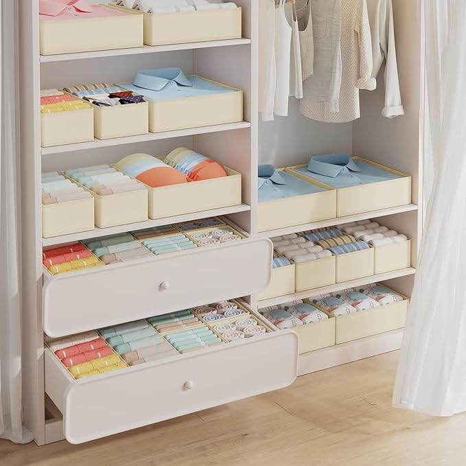 DIMJ Drawer Organizer Clothes 15 Pack - Foldable Baby Organizers and Storage & Closet Organizers for Bedroom, Closet - Nursery Organization Dresser Dividers for underwear, Sock,Bra, Belt, Tie, Beige