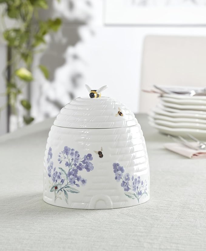 Lenox Home And Kitchen, Butterfly Meadow Beehive Candy Jar, Porcelain Material, Candy Bowl, Dishwasher Safe, Kitchen And Dining, Butterfly And Flowers, Pantry Storage, Table Decor (White, 1 Piece)