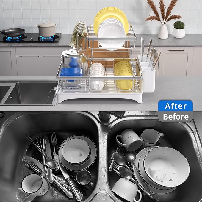 Godboat Dish Drying Rack, 2-Tier Dish Rack with Auto-Drain & Mat, 304 Stainless Steel Dish Racks for Kitchen Counter, Dish Drainer with Knife, Fork & Cup Rack, Gifts for Women, Mothers Day, Silver
