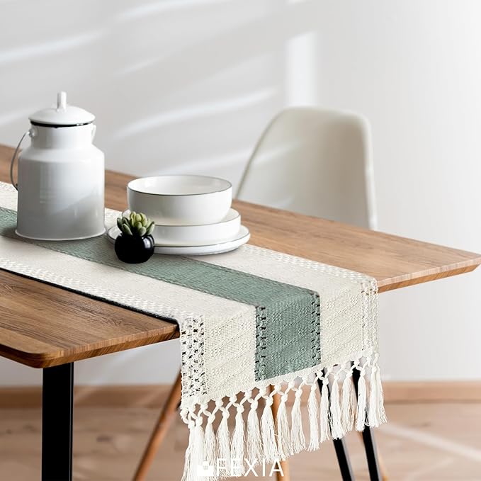 FEXIA Sage Green Table Runner 36 Inches Long with Tassels Boho Macrame Farmhouse Table Runners for Home Decor Party Bohemian Rustic Bridal Shower Dining Decorations(12x36 Inches)