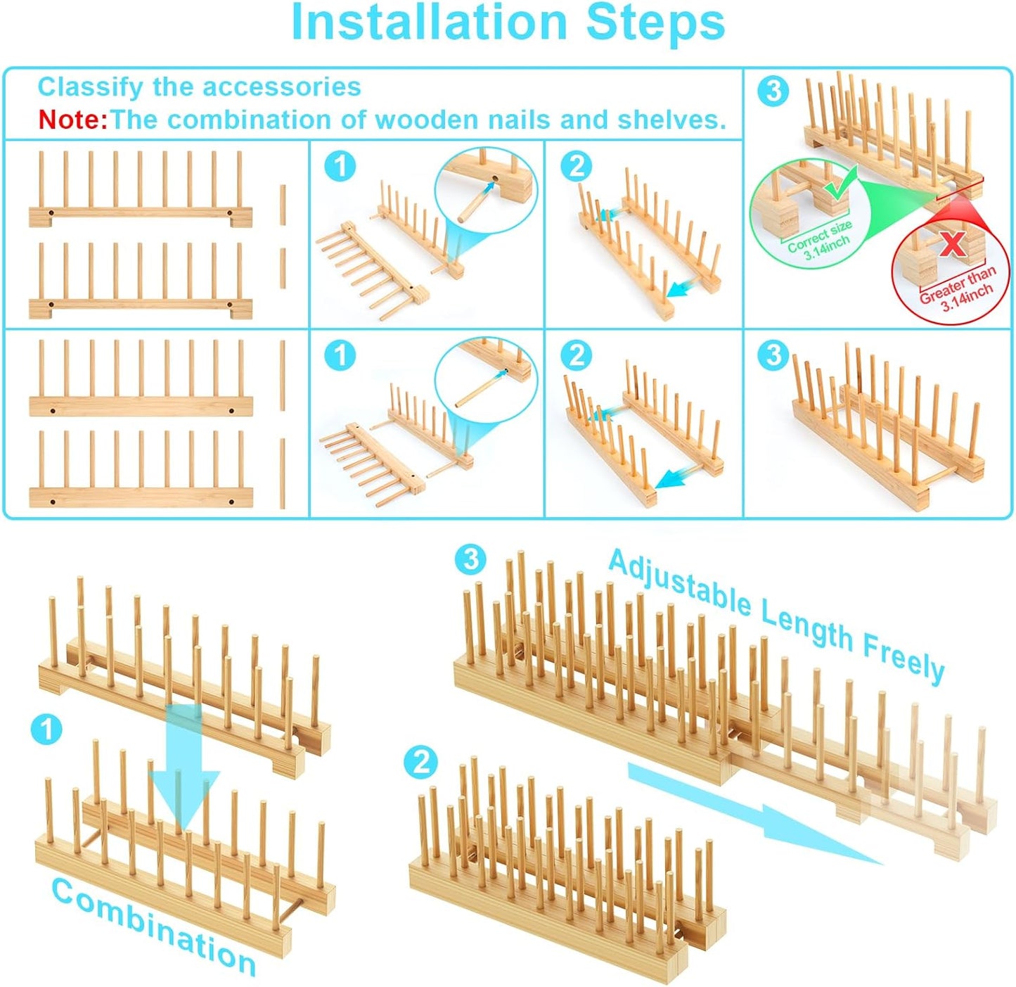 Bamboo Dish Rack - Expandable Plate Rack & Dish Drying Rack for Kitchen Cabinet Storage, Adjustable Multi-Functional Design Organizer for Plates, Bowls, Cups, Pots, Cutting Boards (Natural Bamboo)