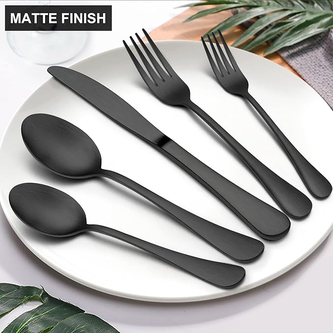 LIANYU 60 Piece Matte Black Silverware Flatware Set, Stainless Steel Satin Finish Black Flatware Cutlery Set for 12, Fancy Kitchen Utensil Tableware for Home Restaurant Party, Dishwasher Safe