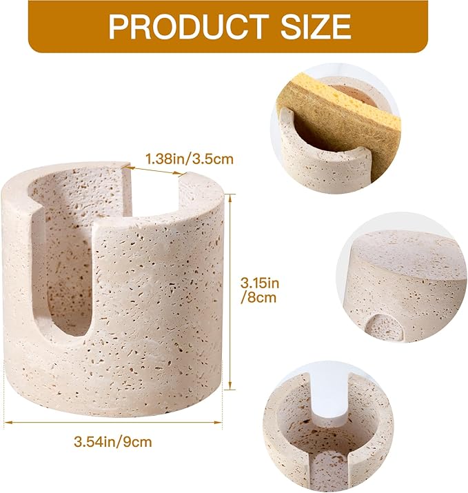 Marble Sponge Holder for Kitchen Sink - Heavy-Duty Real Travertine Stone Sink Caddy Organizer for Countertop, Rust Proof&Water Soap Dish Tray, Luxury Modern Farmhouse Kitchen Decor Accessories