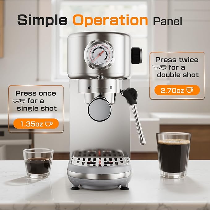 atatix Espresso Machine, 20 Bar Compact Espresso Coffee Machine with Milk Frother, Stainless Steel Coffee Maker with 44oz Removable Water Tank & Fast Heat System for Cappuccino, Latte