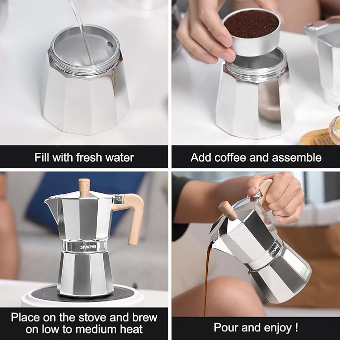 Sivaphe Aluminum Moka Pot 9 Espresso Cups, Percolator Espresso and Coffee Maker, Portable Stovetop Italian and Cuban Café Brewer for Home and Camping Sliver