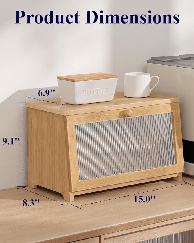Kitsure Bread Box - Wooden Bread Box for Kitchen Countertop, Large Capacity Kitchen Countertop Organizer, Stylish Bread Storage with Window, Multi-functional Container, Bamboo, 15.0"x8.3"x9.1" (1T)