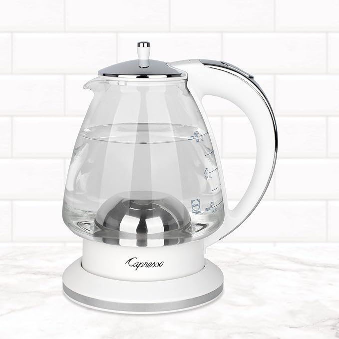 Capresso H2O Glass Kettle, 240.02, White and polished chrome, 48 ounces