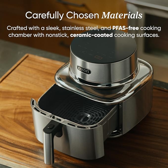 Cosori Iconic Stainless Steel 6.5 Qt Smart Air Fryer, PFAS-Free Ceramic Coating, Max 450°F, Consistent Cooking, Air Fry, Roast, Bake, Dry, Proof, Reheat, Dishwasher-Safe Basket, Chef-Crafted Recipes