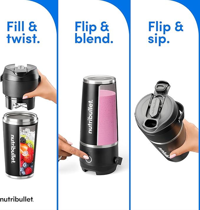 nutribullet Flip Portable Blender with Insulated Cup, Cordless, Black, NBPB50350AK