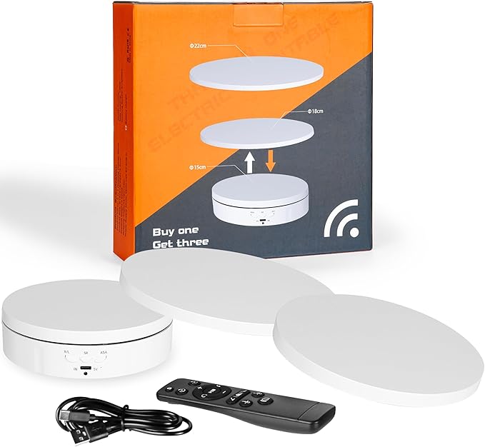 Remote control Motorized Rotating Display stand - 360° Electric Rotating Platform | 3-in-1 Sizes - 5.74", 7.08" and 8.66" Replacement Covers - Rechargeable Turn Table - Live Streaming & Photography