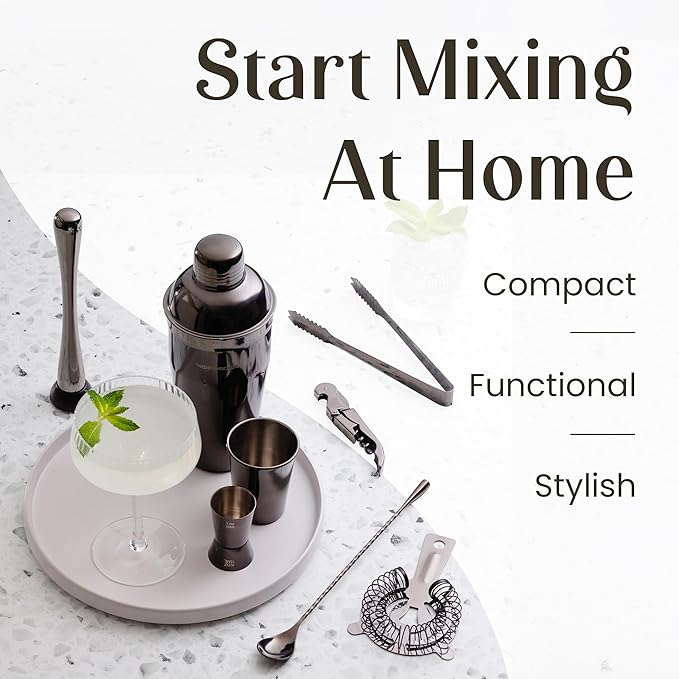 Modern Mixology 21-Piece Cocktail Shaker Set with Stand | Complete Cocktail Kit Gift Set | Top Bartender Gifts for Men & Women | Portable Bar Tools (Black, Brown Stand)