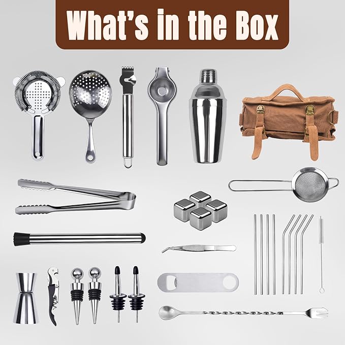 31Pcs Travel Bartender Kit–Bartending Kit with Bar Tools Bartender Accessories,Canvas Tool Bag–Professional Stainless Steel Bar Tools Set,Bar Set Cocktail Shaker Set for Home Cocktail Making,Camping