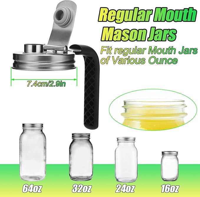 Mason Jar Pour Spout Lid Stainless Steel with Handle, Regular Mouth Pour Spout Flip Cap Lids for Mason Jars, Anticracking Leak Proof Seal Cover Airtight for Drinking Salad Dressing Food Storing(2PCS)
