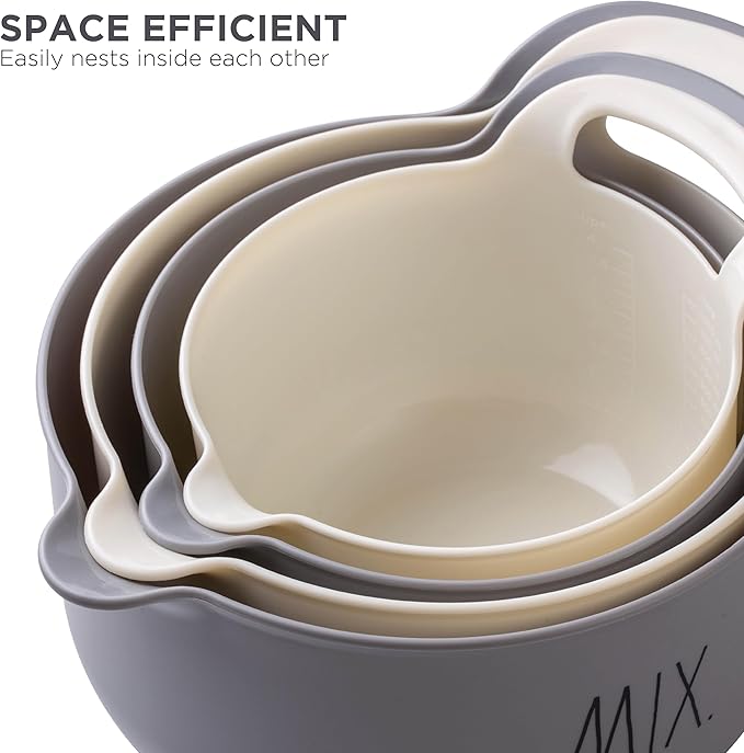 Rae Dunn Non-Slip Mixing Bowls - 4 Piece Nesting Plastic Mixing Bowl Set with Pour Spouts and Handles-Measurement Markings (Grey)