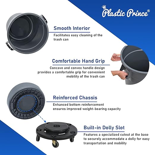 PLASTIC PRINCE 20 Gallon Round Trash Can Container Gray Plastic Commercial Garbage Bin for Home Garage Restaurants Warehouses