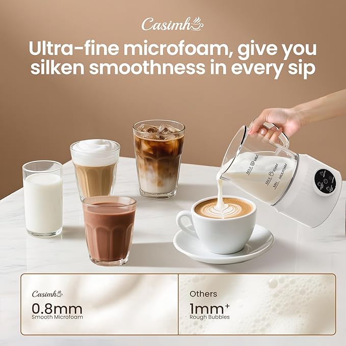 Casimhu 4-in-1 Milk Frother, Electric Milk Frother and Steamer with LED Touch Screen, Ceramic Lining Bottom, Milk Warmer 13.52oz for Lattes, Cappuccinos, and Macchiatos at Home, White