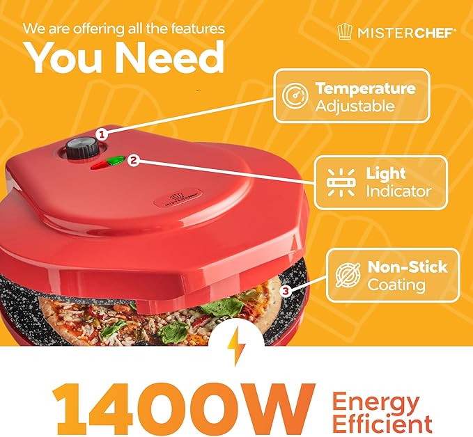 MisterChef Countertop Pizza Maker, 1450W Mini Pizza Oven, Pizza Maker Oven With 12″ Non-Stick Ceramic Plate, Indoor Electric Pizza Oven for Crepes, Pancakes - Red