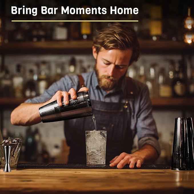 Professional Cocktail Shaker Set, 4-Piece Bar Set, Ideal Bartender Kit with Stainless Steel Boston Shaker, Jigger, Bar Spoon & Hawthorne Strainer, Dishwasher-Safe Bar Tools Set, Black