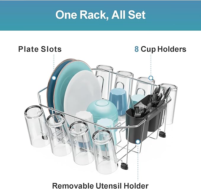 GSlife Small in Sink Dish Drying Rack - Stainless Steel Compact Dish Drainer with Silicone Drying Mat for RV Kitchen Apartment Sink, Silver