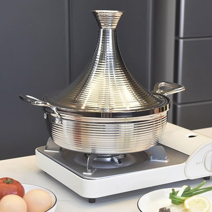 Moroccan Tagine Cooking Pot,Stainless Steel Non Stick Moroccan Casserole with 2 Handles,Large Moroccan Cooker Handmade Tagine Pot with Cone-Shaped Lid(27cm, Silver)