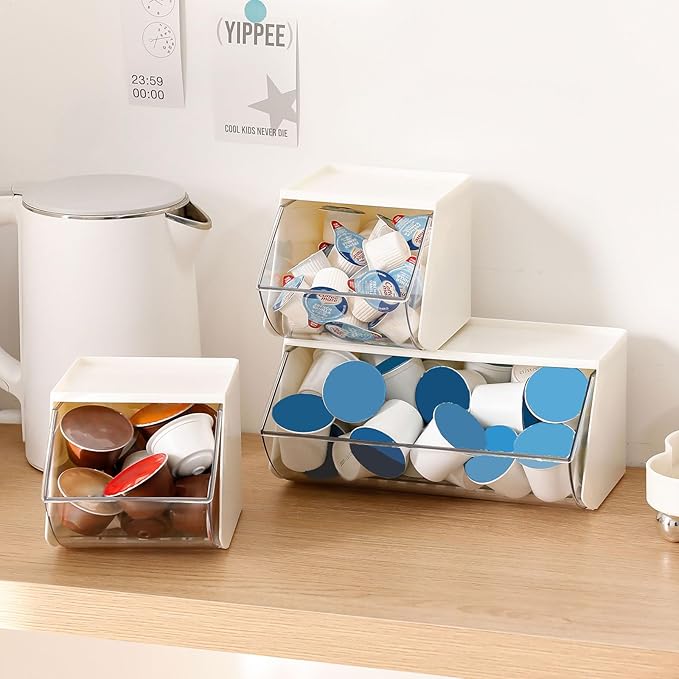 3 Pack Coffee Pod Basket for Kitchen Counter, Plastic Storage Organizer Box for Office Desk, Large Tea Bags Holder ( Cream / Clear )