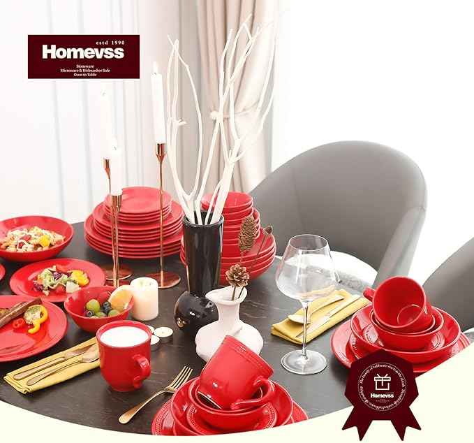 Pearl Dots Stoneware Dinnerware Set (20pc Set, Red)