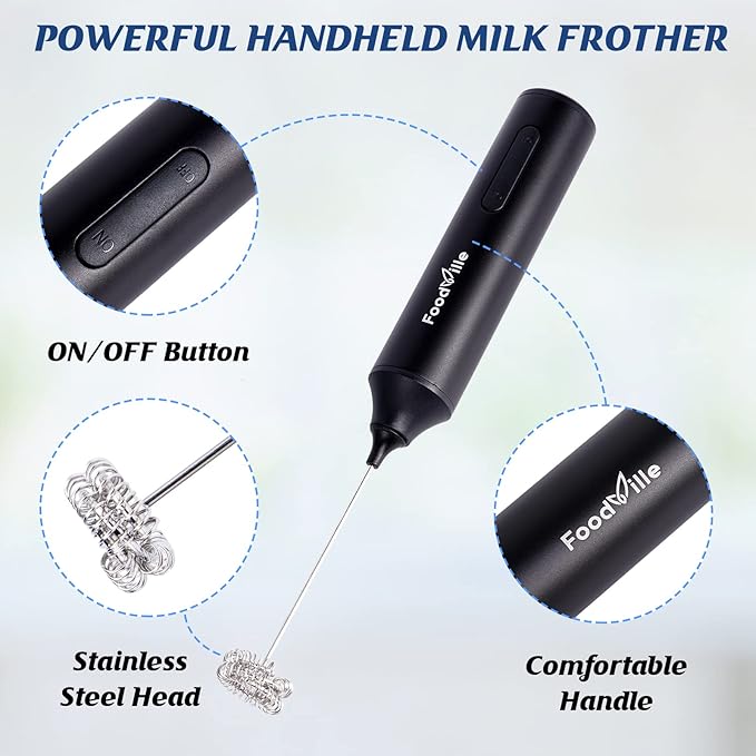 FoodVille MF05 Rechargeable Milk Frother USB Charging Handheld Foam Maker with Stainless Balloon Whisk for Cappuccino, Latte, Bulletproof Coffee, Keto Diet, Protein Powder, Matcha (Black)