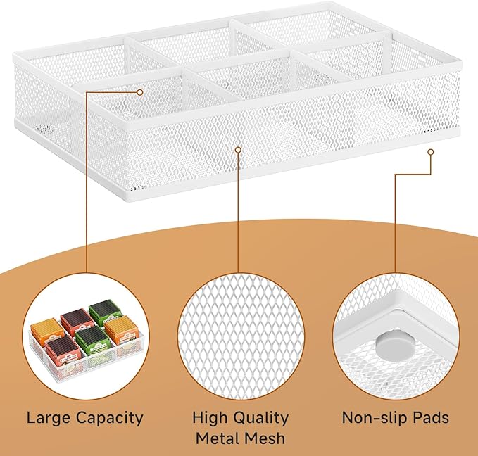 Tea Bag Organizer 6 Grids. Mesh Tea Bag Holder with Handle, Teabag Holder, Tea Station Organizer for Countertop, Pantry, Kitchen, Cabinet -White
