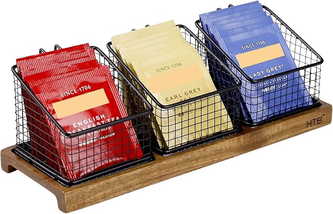 HTB Tea Organizer for Tea Bags, Tea Bag Holder with Acacia Wood Stand and 3 Removable Metal Basket for Sugar Packets, Sweeteners, Creamers for Cabinet, Countertop