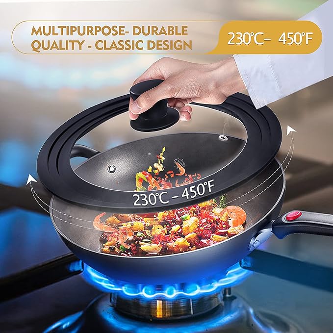 Ydeapi Universal Lid for Pots, Pans and Skillets, Pot Lid With Heat Resistant Silicone Rim and Tempered Glass, Fits 11", 12", 12.5" Diameter Pots and Pans