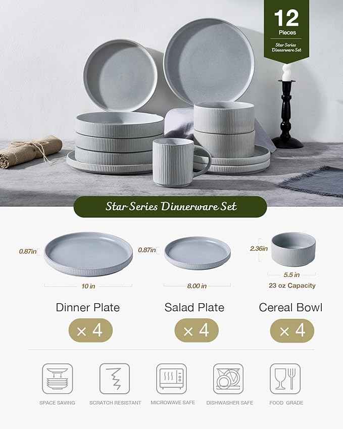 Famiware Star Dinnerware Set, Plates and Bowls Sets for 4 (12pcs), Ribbed Stoneware Dishes - Chip & Scratch Resistant, Microwave & Dishwasher Safe, Matte Gray
