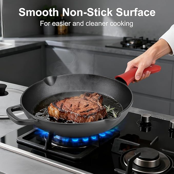 12-Inch Cast Iron Skillet with Tempered Glass Lid, Even Heating & Durable Nonstick, Includes Silicone Handle Cover & Pan Scraper, Ideal for Holiday Cooking & Gifting
