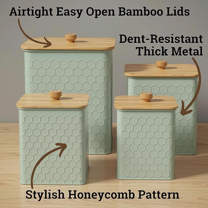 Kitchen Canisters for Countertop Set of 4 - Textured Iron Kitchen Canisters with Airtight Lids - Flour Sugar Canister Set - Flour and Sugar Containers Farmhouse - Coffee Jar for Counter - Green Jar x4