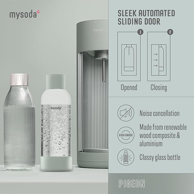 Mysoda Glassy Soda Streaming Machine + 1L Glass and 1L Plastic Bottle - Silent Carbonated Water Machine Soda Maker with Sliding Door Opening - No Cylinder Included - Pigeon