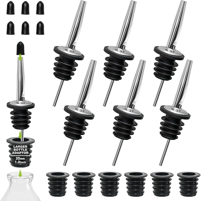 6PCS Bottle Pourer with Adapters, Oil Pourer Spout with Rubber Dust Caps, Stainless Steel Liquor Pour Spout, Speed Pourers for Alcohol, Olive Oil, Bartender Accessories