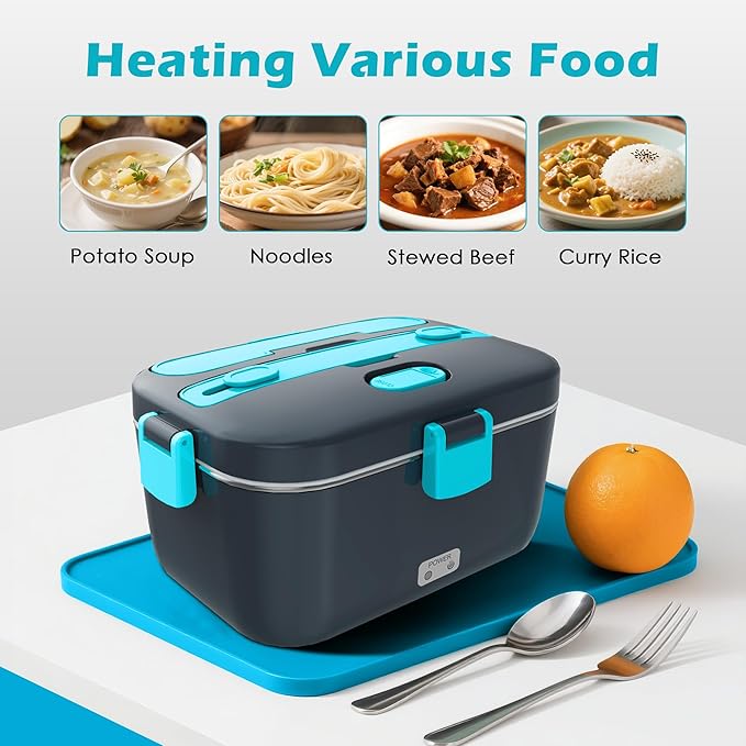COZYEXPERT Electric-Lunch-Box-Heated-Food-Warmer 100W Heating Lunchbox for Adults 1.8L Portable Food Heater for Work/Car, 12V/24V/110-230V Lonchera Eléctrica Portátil with Fork Spoon (Gray+Blue)