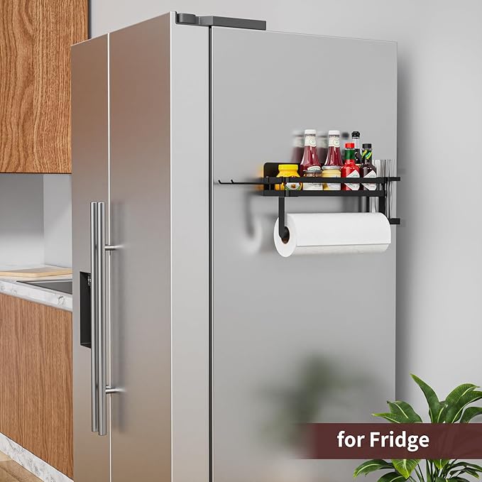 ZUNTO Magnetic Paper Towel Holder with Extra Straws Holder, Strong Magnet Paper Towel Roll Rack for Fridge with Spice Shelf and 2 Hooks, No Drilling Kitchen Organizer for Refrigerator, RV, Bathroom